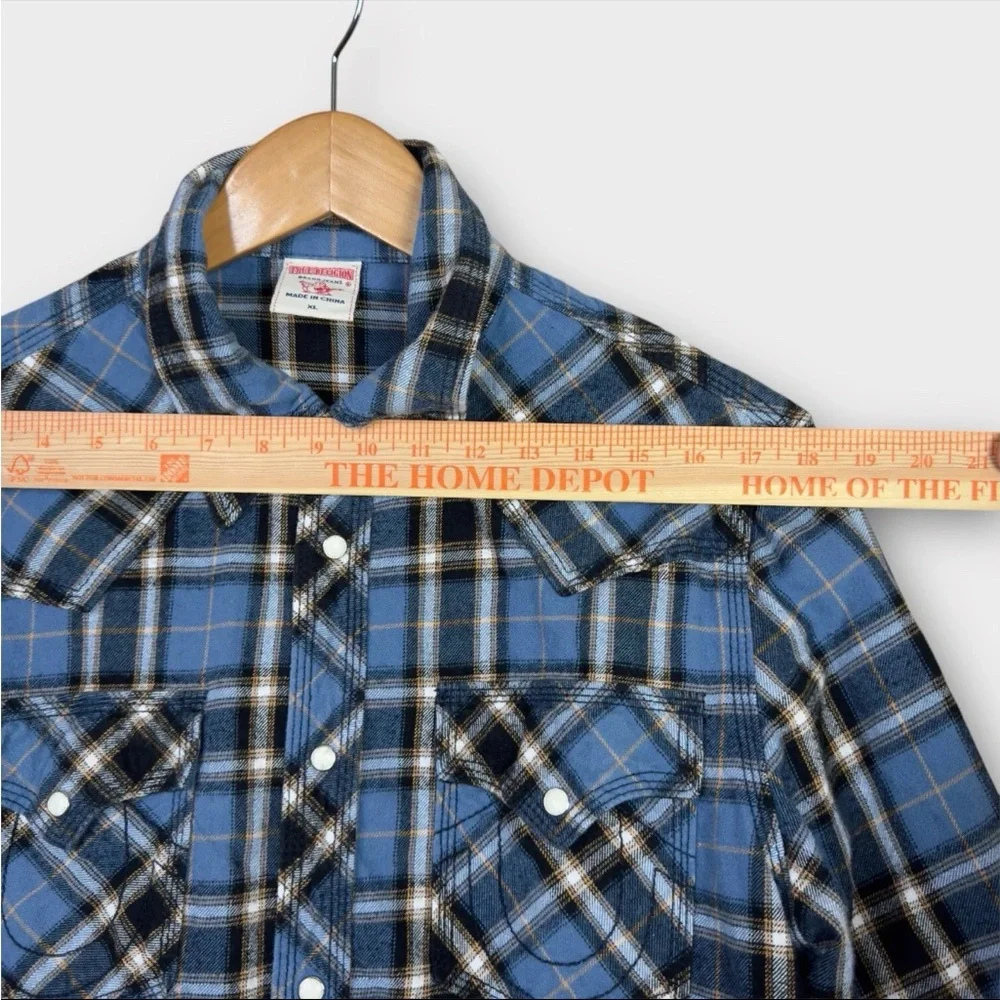 True Religion Flannel Shirt Mens XL Blue Plaid Pearl Snap Western Long Sleeve